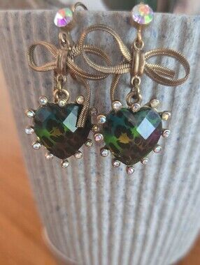 Gold Bow Heart Drop Earrings with Green Leopard Heart Stones